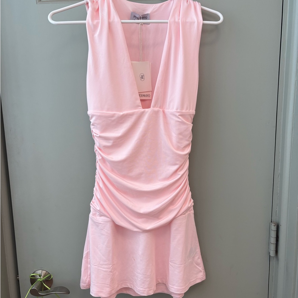 Peppermayo Light Pink Ruched V-Plunge Slip Dress